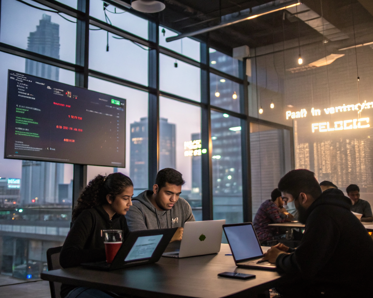 Espacio de coworking moderno con varios latinoamericanos no indígenas colaborando en laptops y tabletas frente a grandes ventanales y pantallas digitales que muestran código y logotipos de startups. El ambiente evoca innovación y creatividad, enmarcado en un diseño urbano y tecnológico.