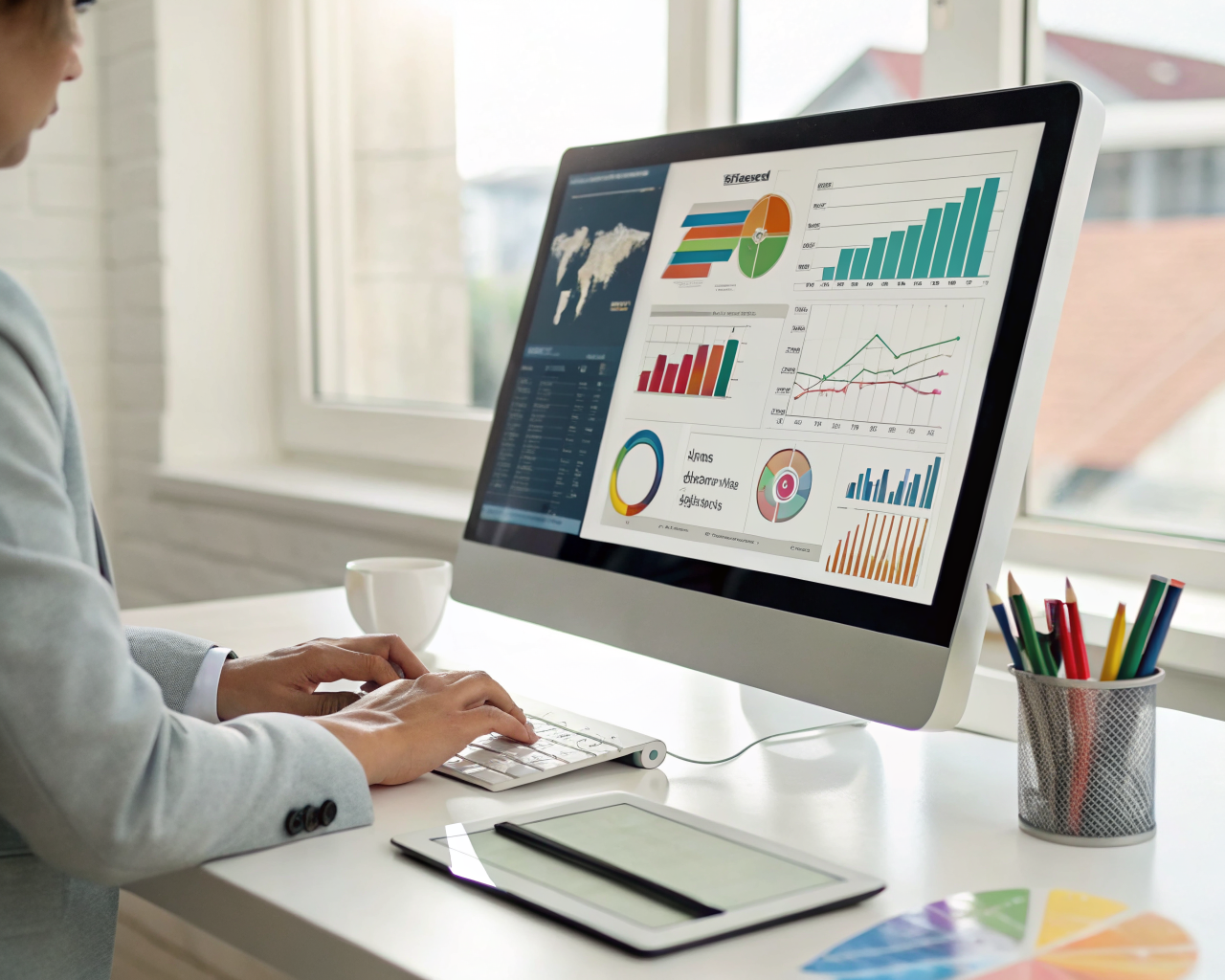 Primer plano extremo de un panel digital con gráficos y tablas de colores en un monitor de oficina, rodeado de herramientas y una tableta sobre un escritorio moderno. Una persona latina con atuendo formal usa la pantalla táctil con confianza, resaltando la tecnología y la organización en un ambiente de pequeña empresa iluminado por luz natural.