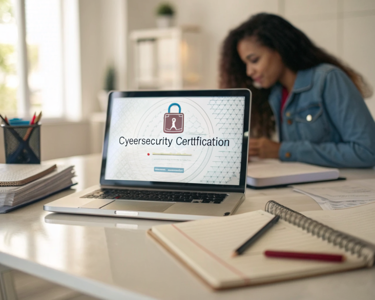 Documentos de certificación en ciberseguridad y una insignia digital en una laptop sobre un escritorio minimalista, rodeados de cuadernos y bolígrafos, con una mujer latinoamericana de espaldas desenfocada al fondo estudiando. Un icono de candado simboliza la seguridad. Ambientación clara y organizada que transmite determinación.