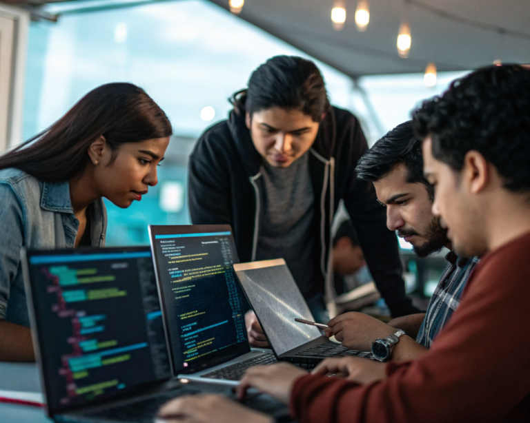 Grupo diverso de personas latinoamericanas colaborando en un espacio moderno de tecnología frente a computadoras con gráficos de inteligencia artificial en las pantallas, con fondo desenfocado y un sutil logo de IA brillando detrás.
