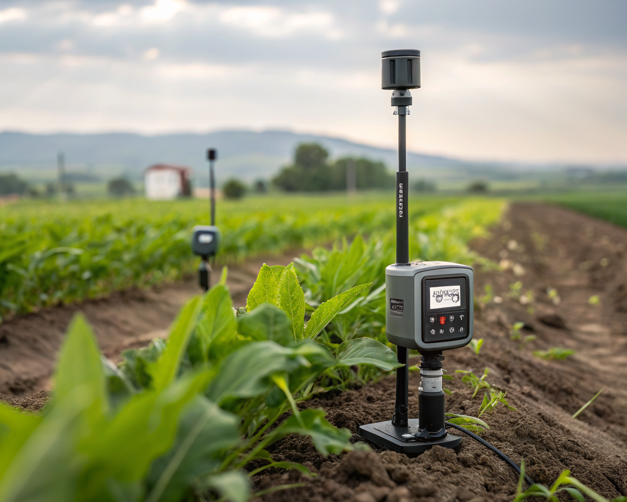 Sensores agrícolas modernos y resistentes, con pantallas digitales y antenas delgadas, instalados en el primer plano de un campo verde, rodeados de cultivos y tierra. El fondo muestra tierras de cultivo desenfocadas bajo un cielo amplio, en una escena iluminada por una luz natural suave. La imagen denota avance tecnológico en la agricultura sin presencia humana.