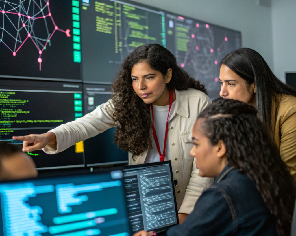 Mujeres latinoamericanas no indígenas colaborando en torno a una interfaz digital brillante con datos de ciberseguridad, en una oficina moderna con pantallas de código y diagramas de red al fondo. Primer plano de manos señalando la interfaz, mostrando determinación y trabajo en equipo.