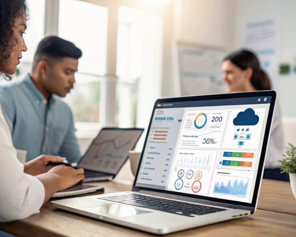 Pantalla de computadora con dashboards y herramientas digitales, manos operando el software. Fondo desenfocado de oficina moderna con personas latinas colaborando. Iconos de nube y gráficos de datos destacan el entorno digital.