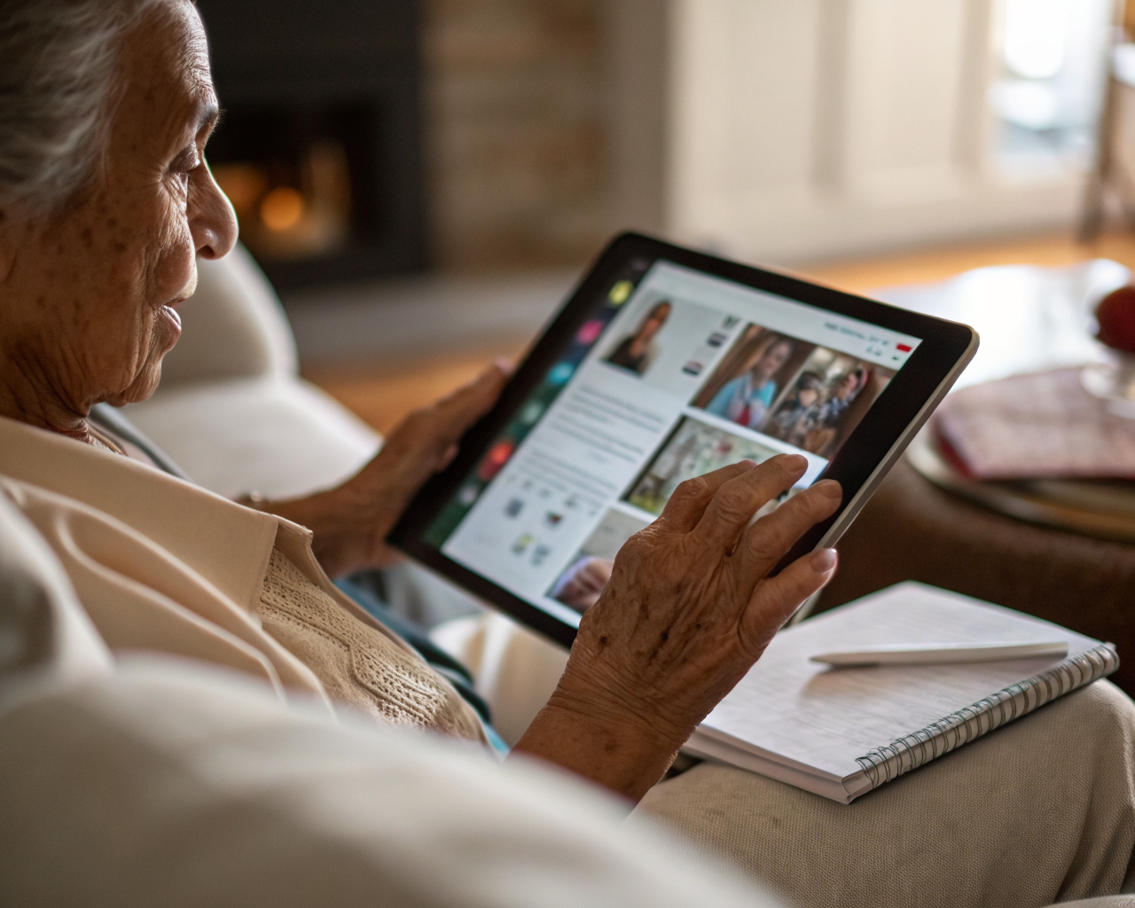 Manos de una persona adulta mayor latinoamericana (no indígena) usando una tableta de pantalla grande. Se ven aplicaciones de mensajería y videollamadas en el dispositivo. Junto a la tableta hay un cuaderno de papel, mientras el fondo desenfocado muestra un ambiente hogareño con iluminación suave y cálida.