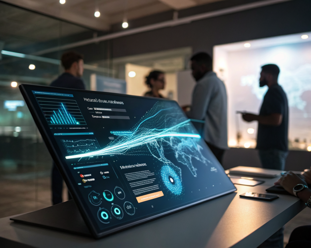 Interfaz digital de inteligencia artificial brillante y avanzada, con iconos e información fluida sobre un fondo de espacio de trabajo moderno. Se aprecia un mapa digital de América Latina sutilmente iluminado dentro de la pantalla. El entorno transmite innovación y colaboración, sin enfocarse en individuos específicos.