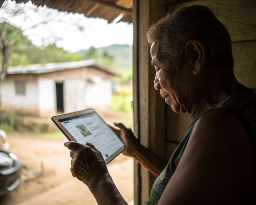 Persona adulta mayor latinoamericana, con manos arrugadas, utilizando una tableta con pantalla brillante en primer plano. De fondo, una comunidad rural desenfocada y luz natural filtra por la ventana, destacando la escena, mientras un sutil resplandor alrededor del dispositivo simboliza conexión digital.