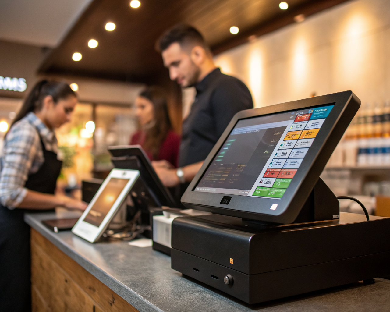 Primer plano de un sistema digital de punto de venta con pantalla táctil en un mostrador moderno, mostrando datos de ventas e inventario. Al fondo, empleados genéricos colaboran usando tabletas y laptops en un ambiente latinoamericano, destacando innovación y eficiencia tecnológica.