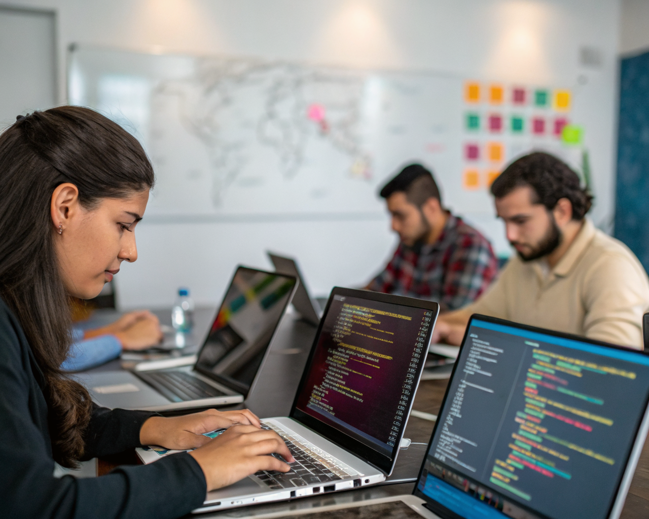 Grupo diverso de personas latinoamericanas no indígenas colaborando alrededor de laptops y dispositivos electrónicos en un coworking moderno. Primer plano enfocado en manos tecleando y pantallas con código colorido, fondo desenfocado con una pizarra que muestra un mapa de red simbolizando la conectividad.