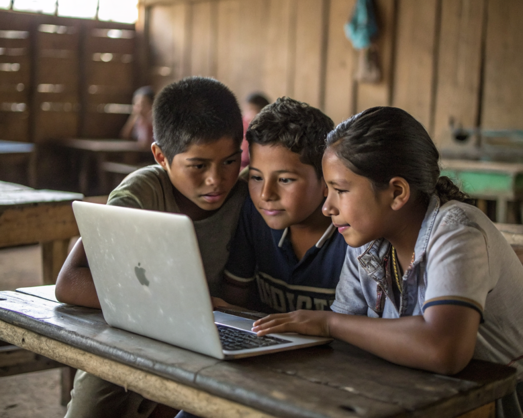 Jóvenes latinoamericanos no indígenas concentrados en aprender juntos alrededor de una laptop vieja, en una sala comunitaria rural con paredes de madera y mesas sencillas; el primer plano muestra sus atentos rostros y el teclado, mientras el fondo está desenfocado.