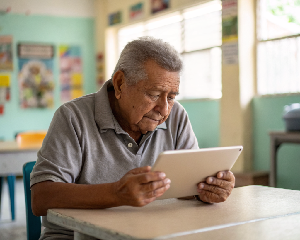 Adulto mayor latinoamericano usando una tableta digital con expresión de concentración y curiosidad en un centro comunitario luminoso; sus manos arrugadas tocan la pantalla encendida, el fondo tiene materiales educativos desenfocados.