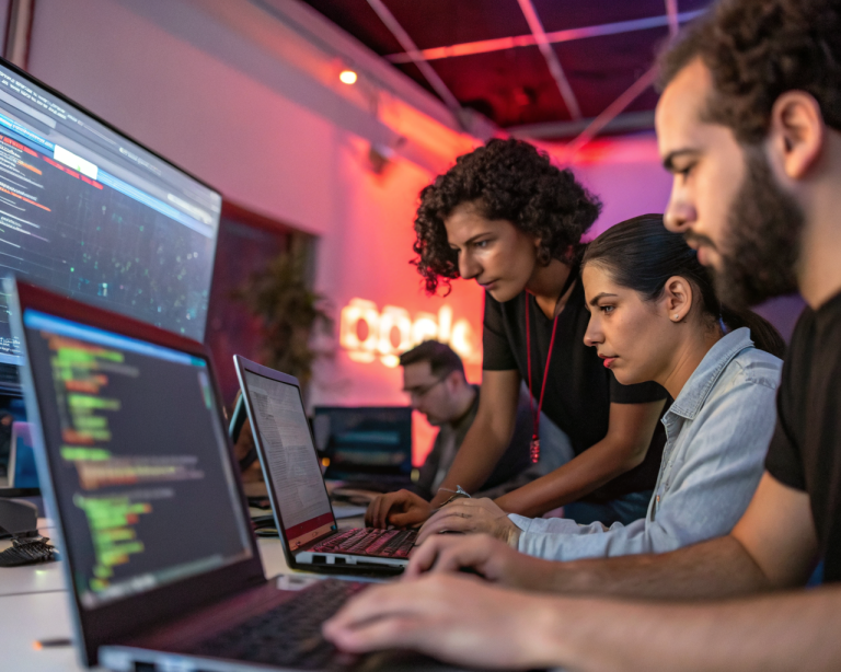 Primer plano de diversas manos de profesionales latinoamericanos de tecnología colaborando sobre teclados y pantallas con código y diagramas, en un espacio moderno de coworking con luces vivas. Los rostros están desenfocados y el entorno es ordenado y simbólico.