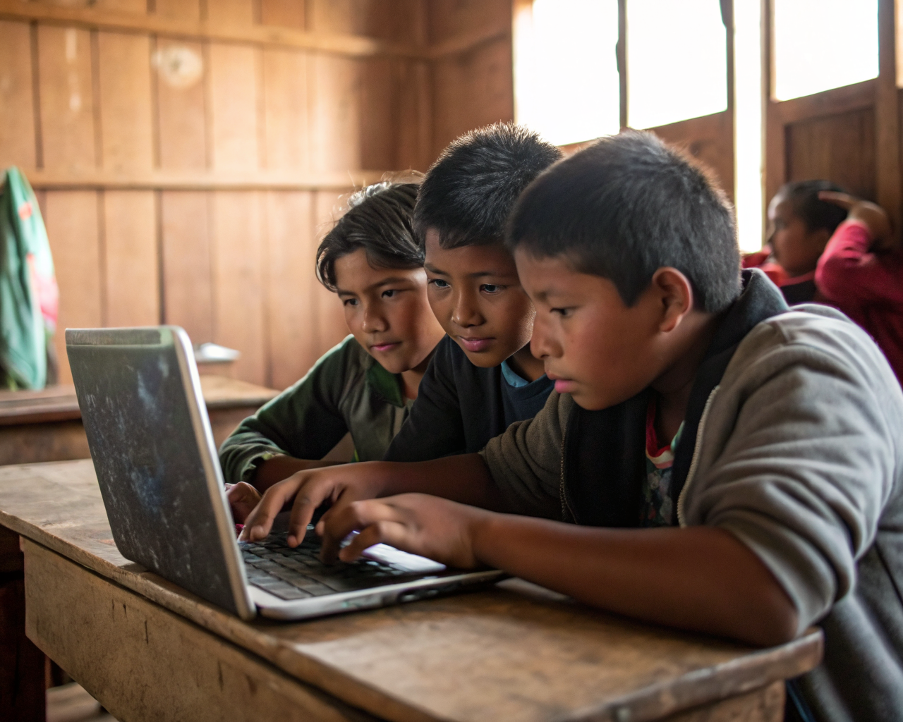 Jóvenes latinoamericanos colaboran en un proyecto de codificación usando un laptop reciclado en un aula rural con paredes de madera. Primer plano de manos tecleando y pantalla brillante, con luz natural entrando por la ventana y fondo desenfocado.