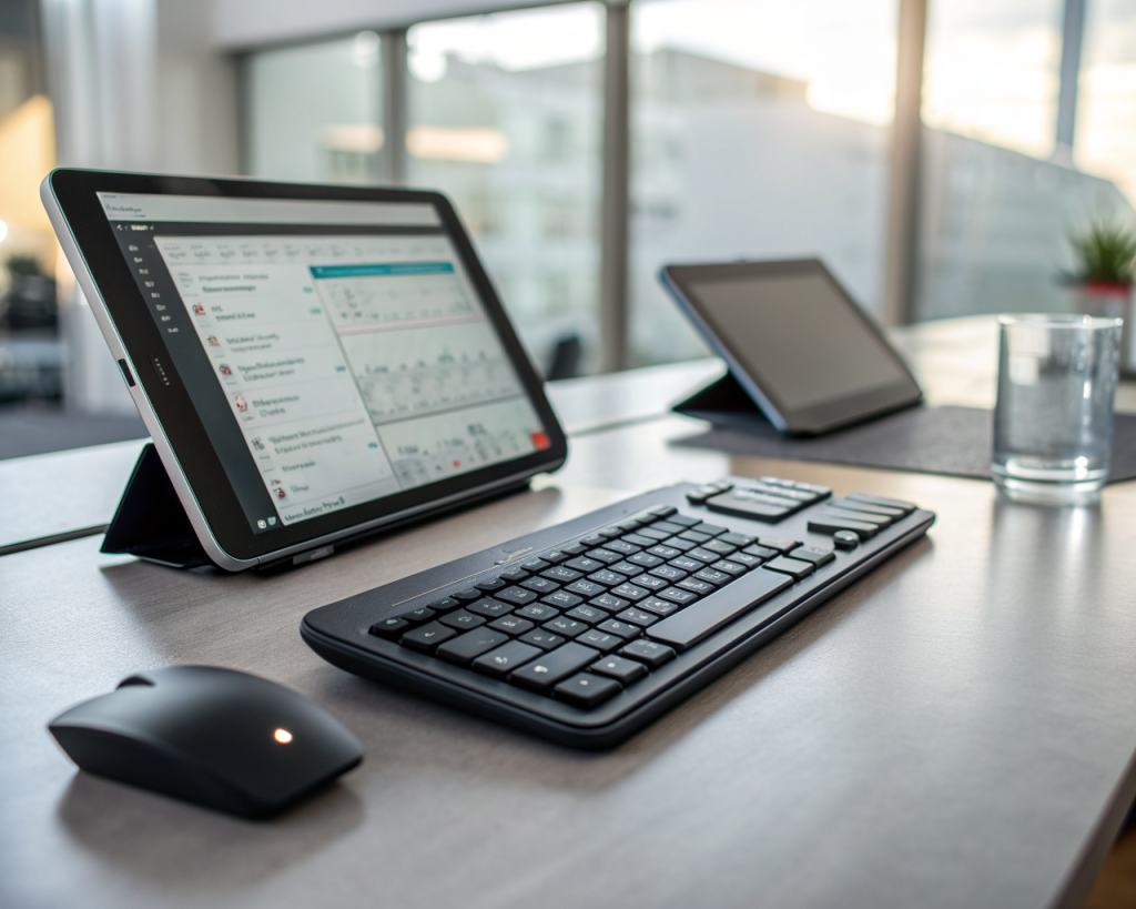 Conjunto de dispositivos tecnológicos de asistencia, incluyendo un lector de pantalla, teclado ergonómico adaptativo y tableta con software accesible, dispuestos sobre un escritorio moderno con iluminación suave en primer plano y fondo desenfocado de oficina actual. No hay personas identificables, reflejando un entorno laboral inclusivo y accesible.