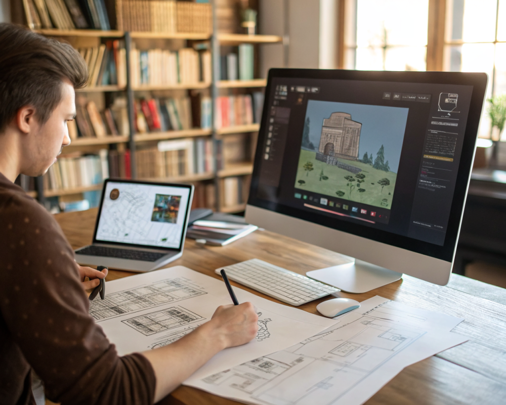 Desarrollador de videojuegos educativos latinoamericano trabajando en un escritorio frente a un gran monitor con el prototipo de un juego educativo, rodeado de bocetos digitales, documentos de diseño y estantes con libros de educación y tecnología, con luz natural y ambiente moderno.
