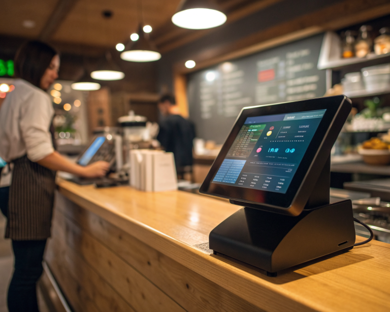 Terminal punto de venta moderno y brillante sobre mostrador de madera en primer plano, con pantalla encendida mostrando datos de ventas; al fondo, un empleado de tienda latinoamericano ayuda a un cliente en un entorno desenfocado y bien iluminado.