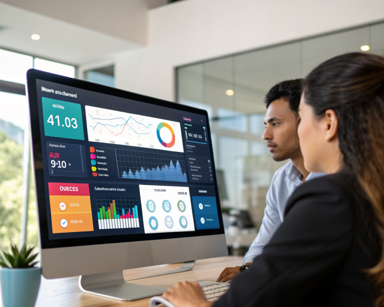 Monitor de computadora en una oficina moderna mostrando gráficos de CRM, ERP y analítica de marketing digital, con manos genéricas latinoamericanas interactuando con la pantalla y fondo desenfocado.