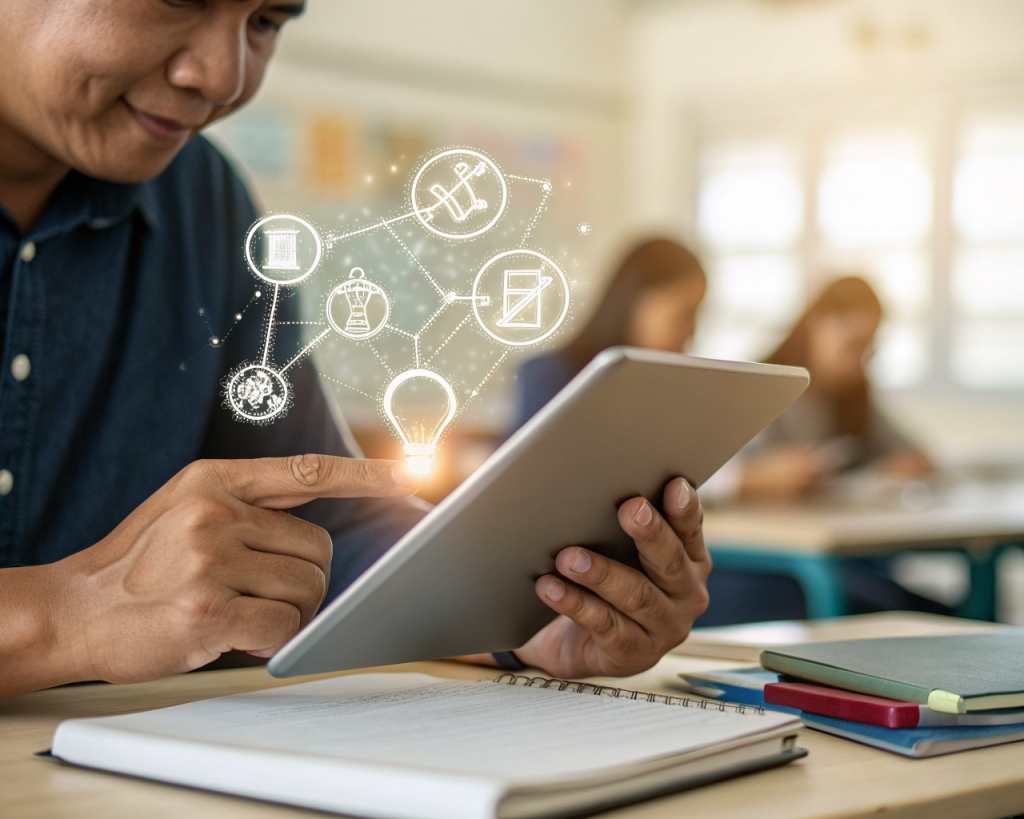 Persona adulta latinoamericana genérica, sentada en un aula con luz suave, utiliza atentamente una tableta digital rodeada de símbolos de inteligencia artificial como circuitos luminosos e iconos digitales, mientras un discreto ícono de bombilla representa el aprendizaje. El fondo es borroso y la imagen destaca sus manos y la tableta.