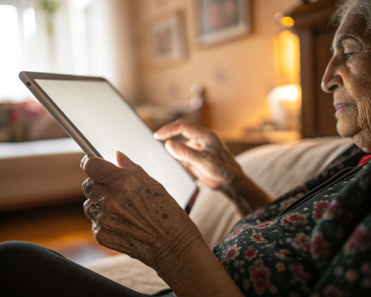 Manos de una persona mayor latinoamericana sosteniendo con cuidado una tablet moderna, cuya pantalla ilumina suavemente sus arrugas. El fondo es cálido y desenfocado, sugiriendo un hogar acogedor. La imagen transmite una sensación de curiosidad y aprendizaje digital.