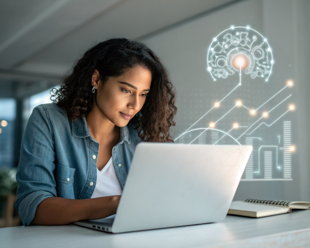 Mujer latinoamericana no indígena, con apariencia genérica, trabajando concentrada en una laptop dentro de una oficina moderna y minimalista. Alrededor de ella brillan suavemente símbolos de inteligencia artificial como circuitos y flujos de datos. El fondo está desenfocado y una línea de gráfico ascendente sugiere progreso profesional.